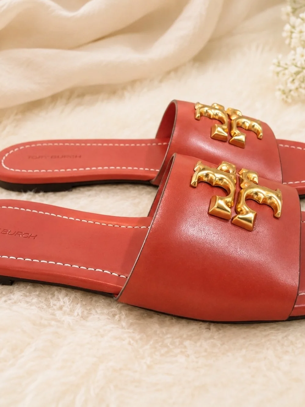 NEW Tory Burch Eleanor Leather Gold Logo Slide Sandals
